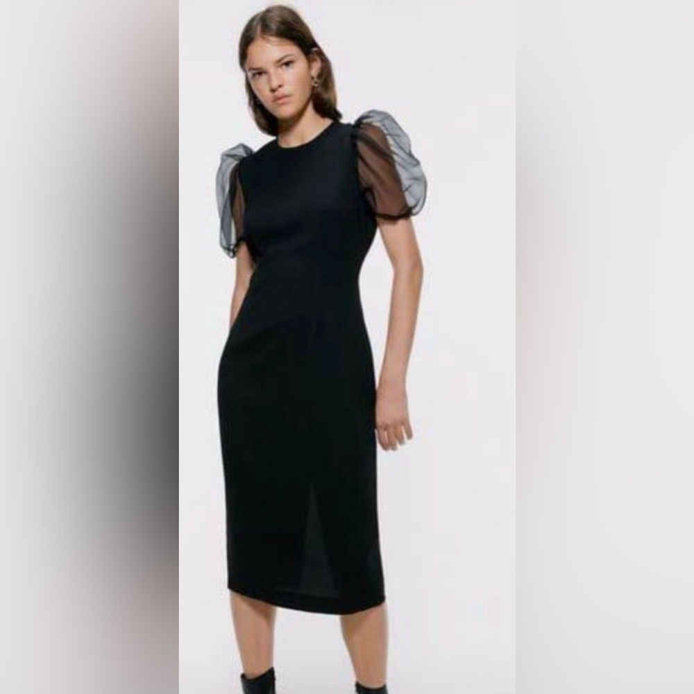 ZARA black Organza Midi Dress back Slit